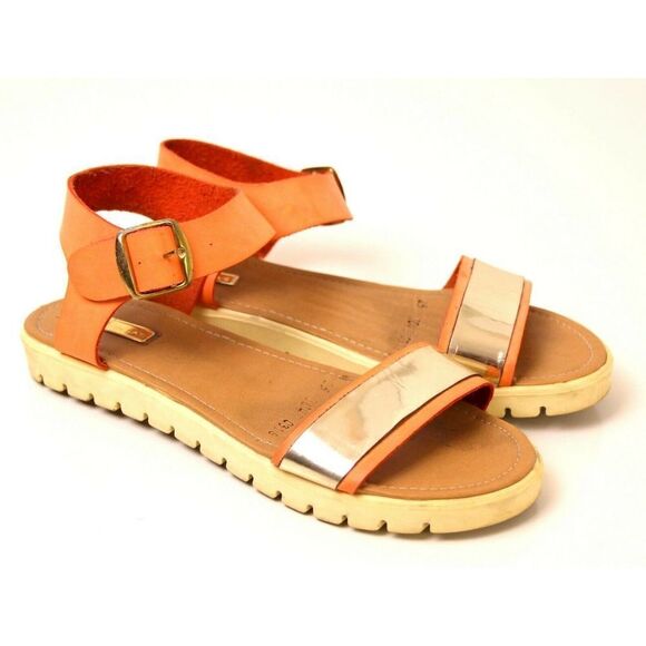 G'S GABRIELA'S ORANGE GOLD LEATHER ROUND TOE FLAT SLINGBACK SANDALS SHOES Sz 8.5 - Picture 2 of 8